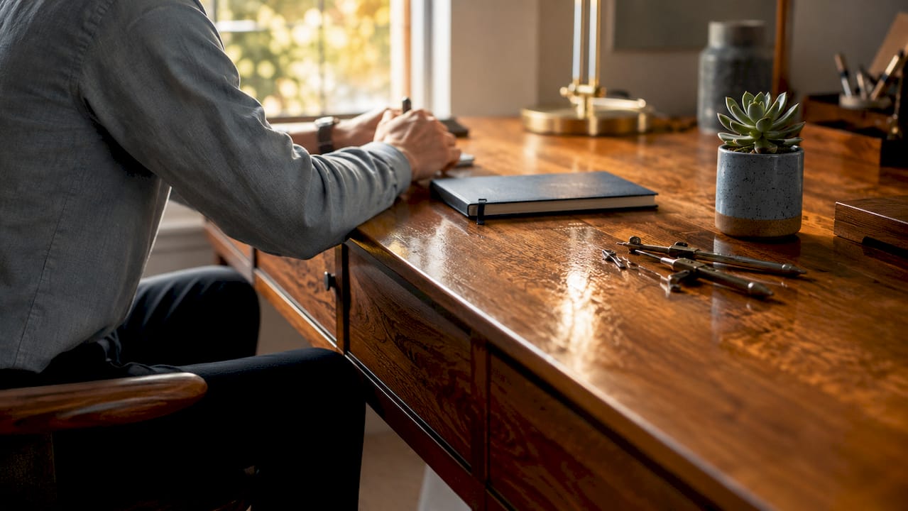 Desk surface close-up with oil-based finish