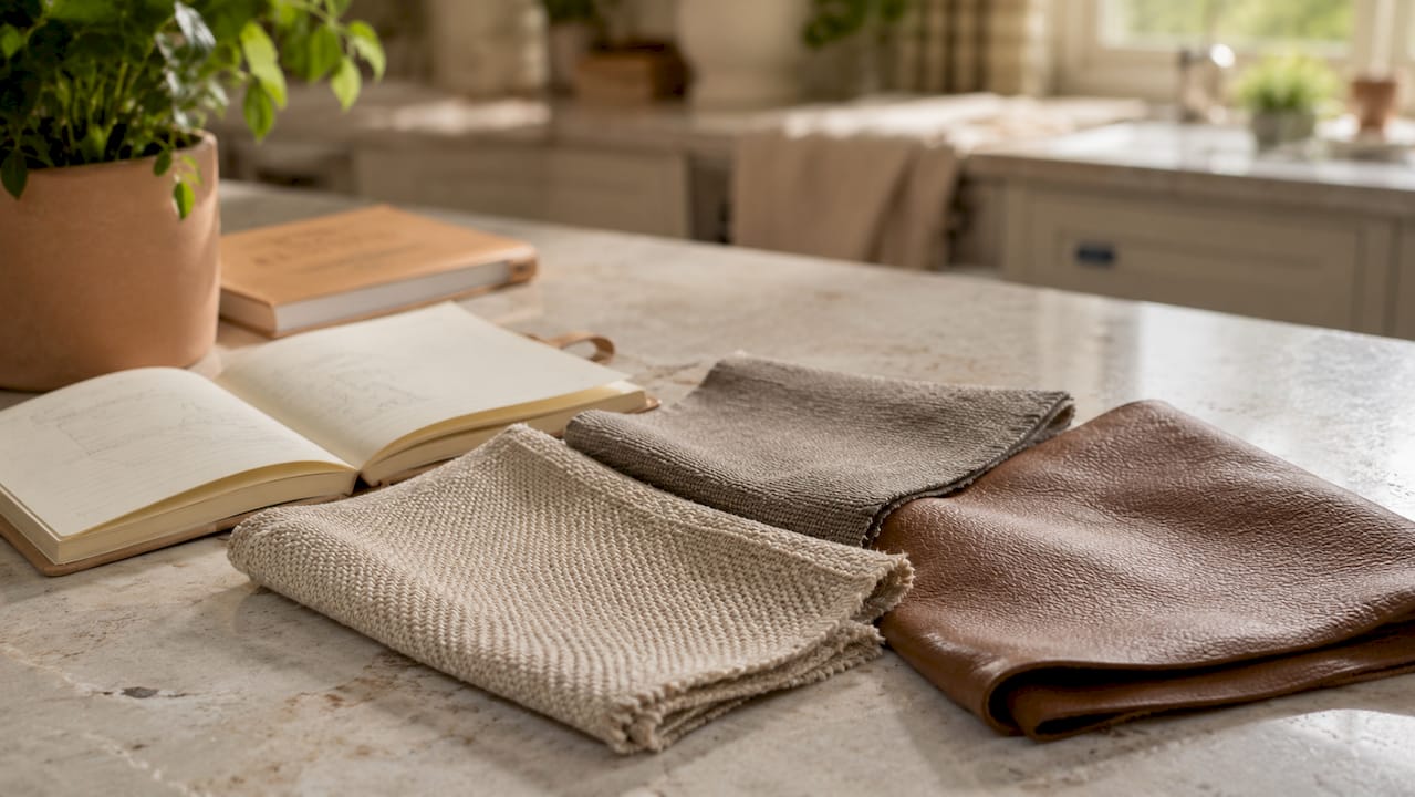 Close-up fabric samples and upholstery care items