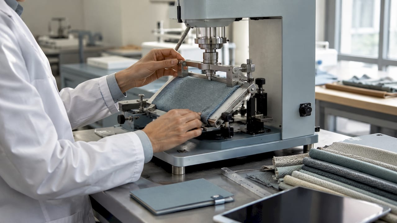 Technician testing sofa fabric abrasion durability