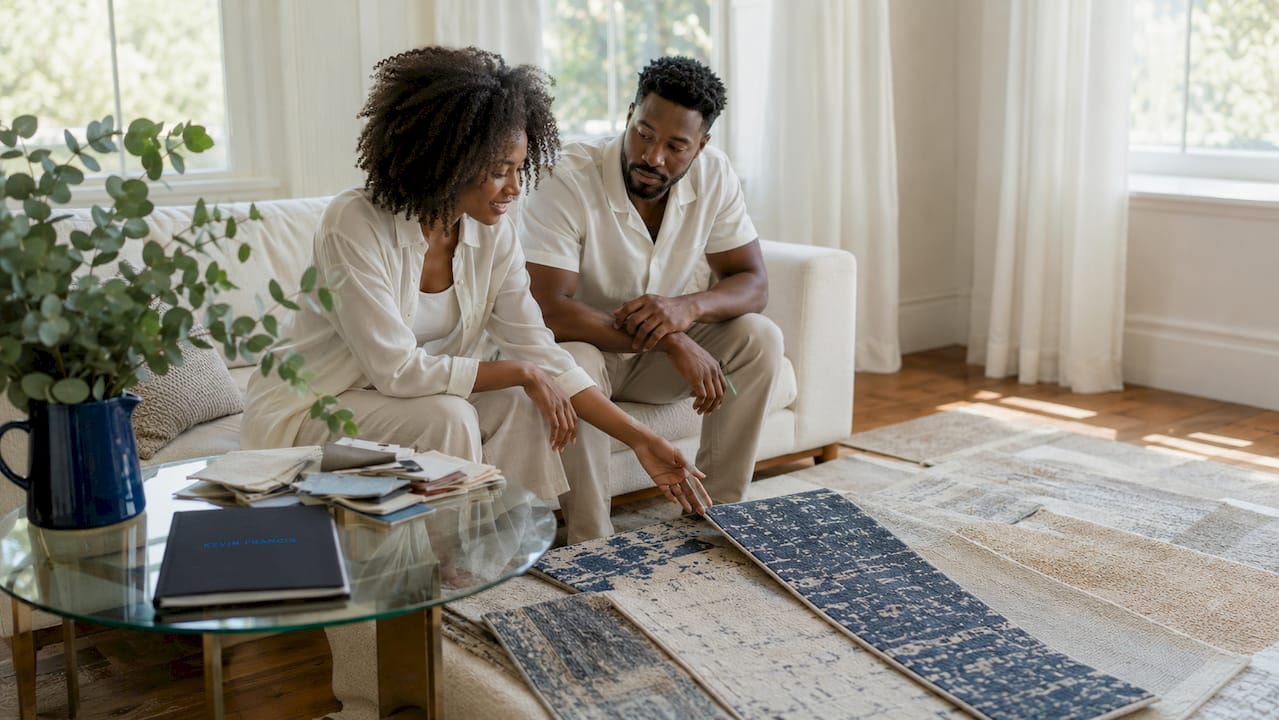 Couple reviewing rug color in living room