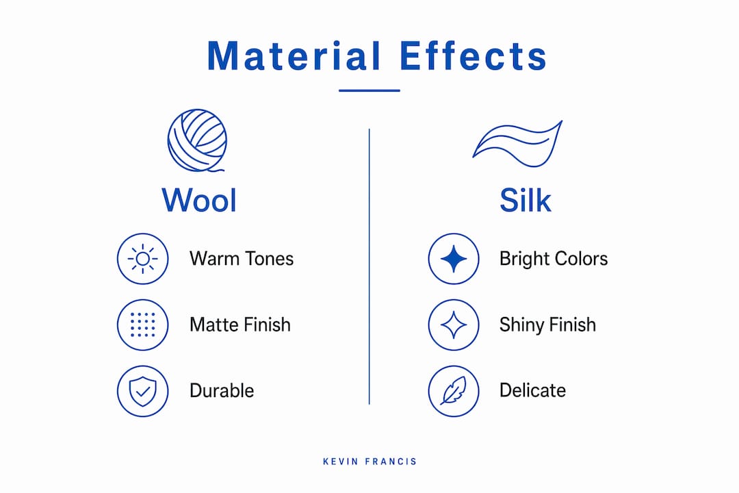 Infographic comparing wool and silk rug material colors