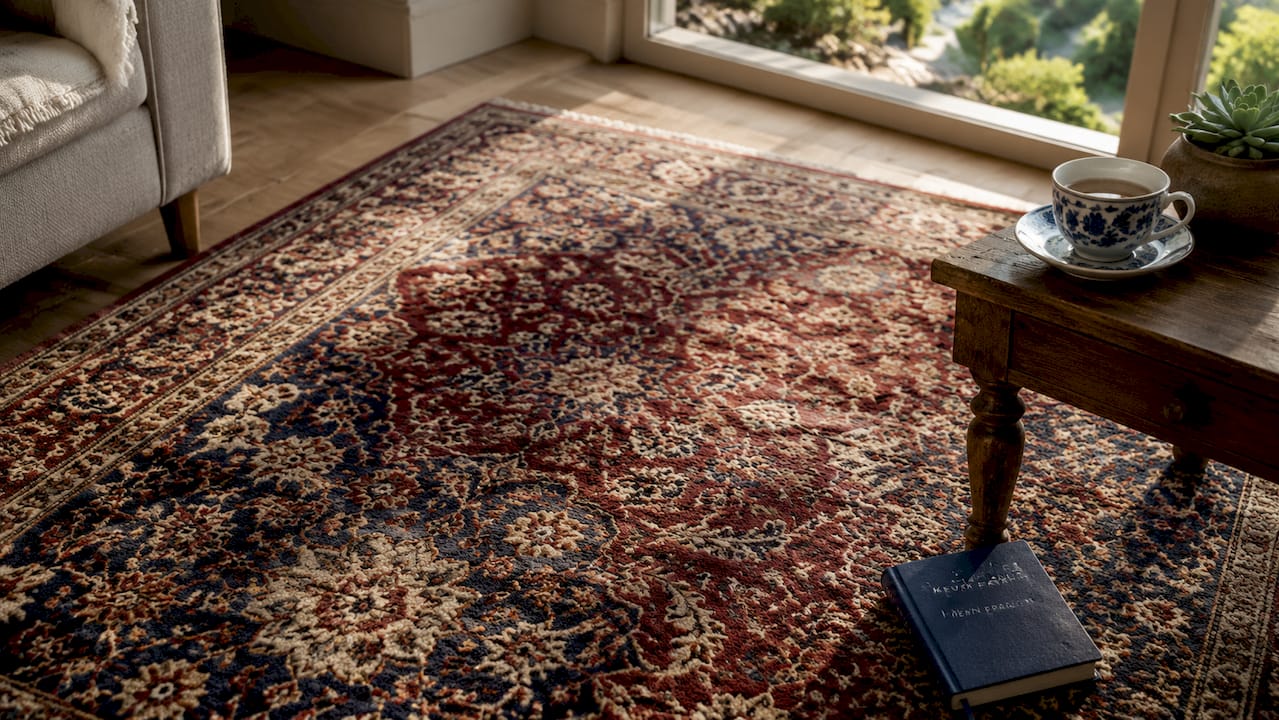 Detailed view of traditional oriental rug in elegant setting