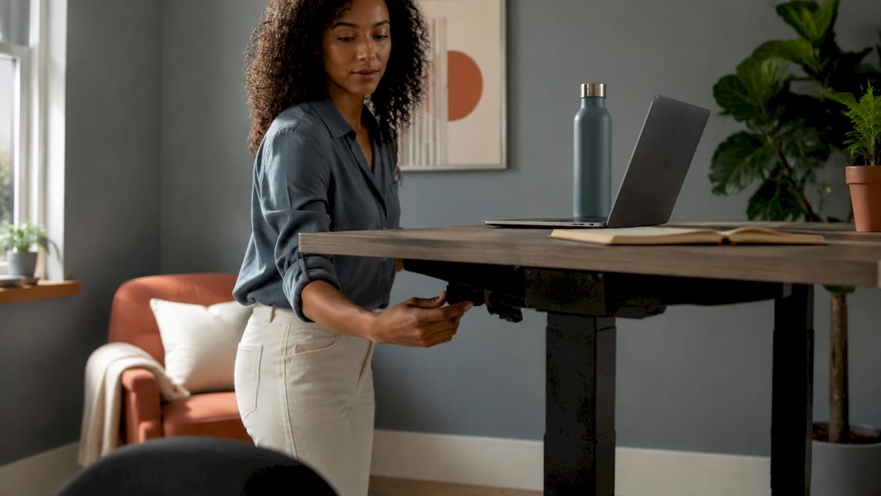 Employee adjusting ergonomic standing desk in office