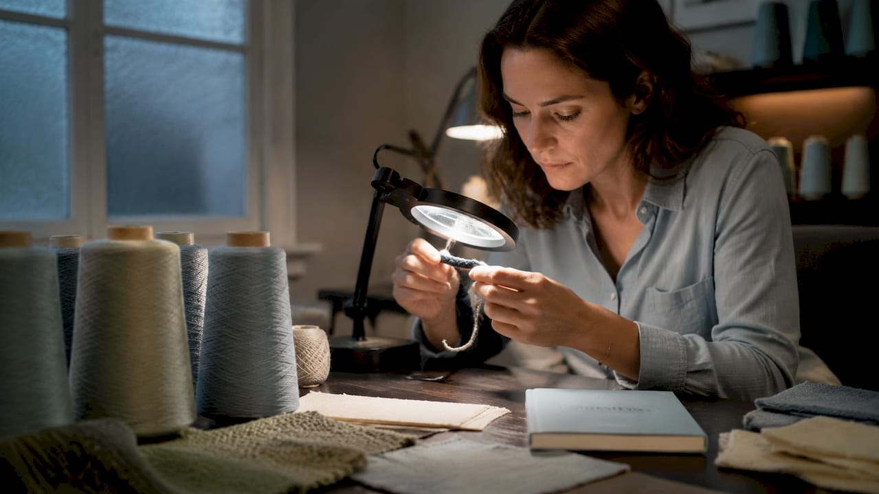 Technician examining yarn twist under magnifier