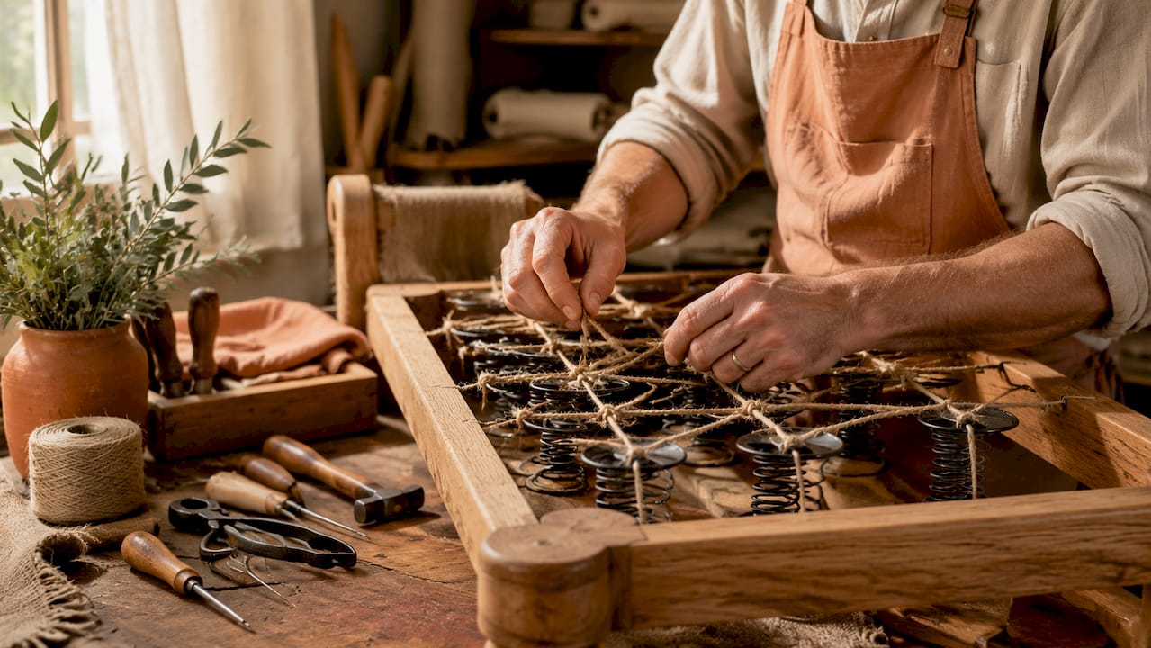 Upholsterer crafting sofa frame springs