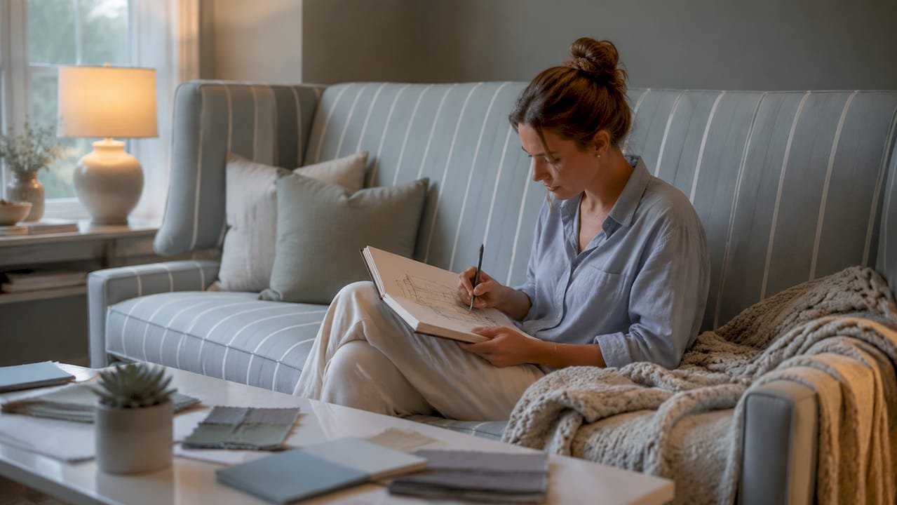 Woman sketching sofa designs on low-back sofa