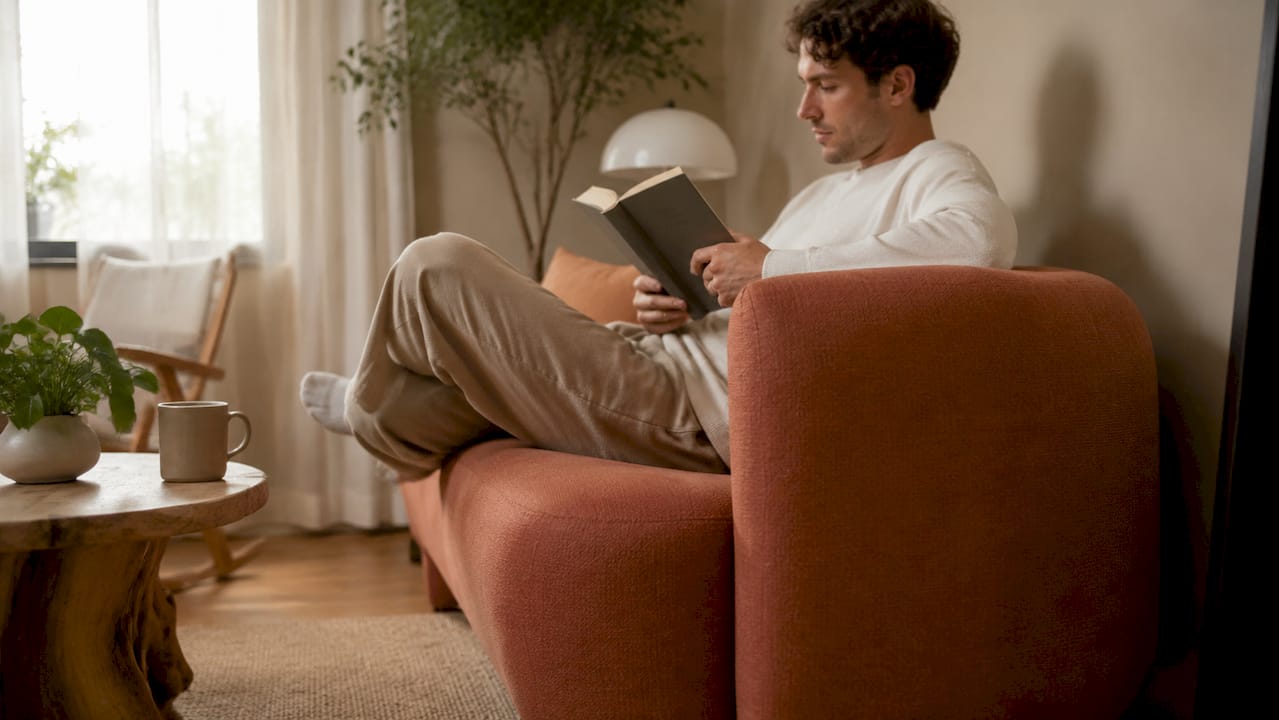 Man sitting sideways on track arm sofa in small living room