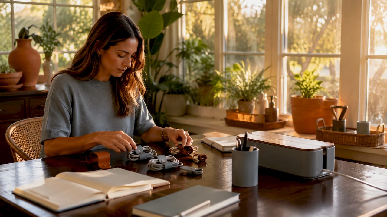 Hands managing cable organization on desk