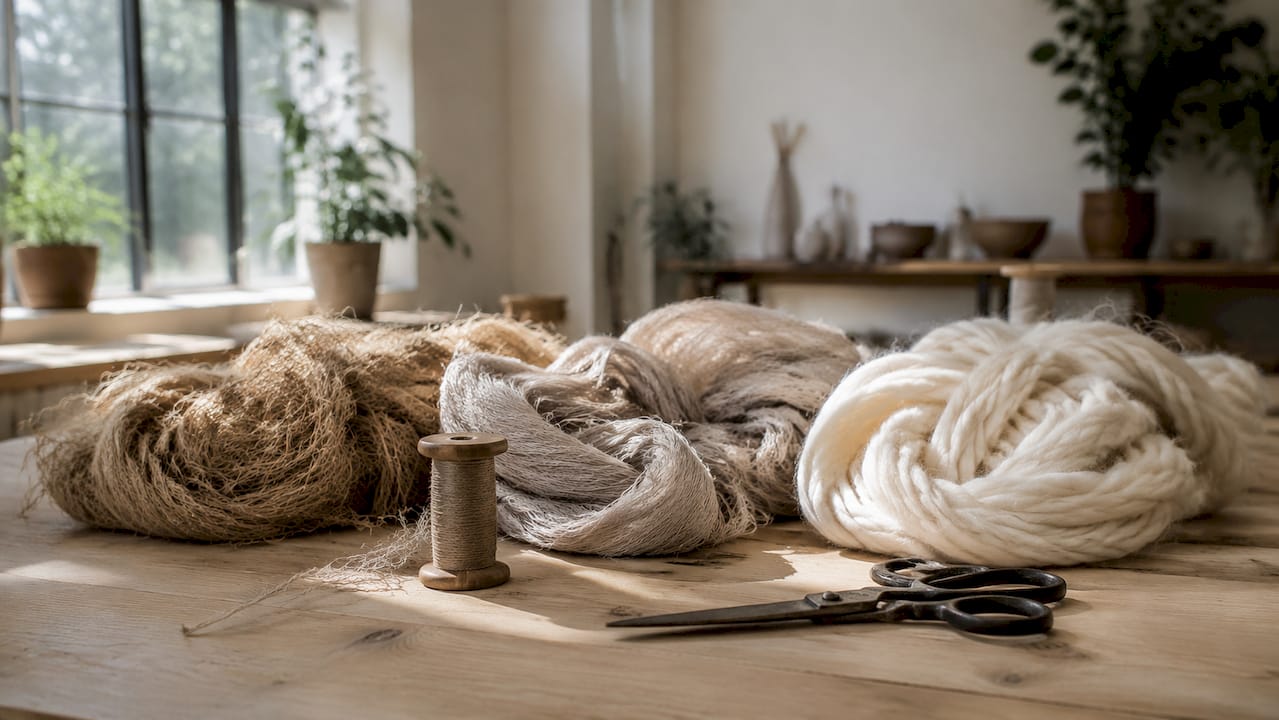 Natural wool, silk, and cotton fibers on table