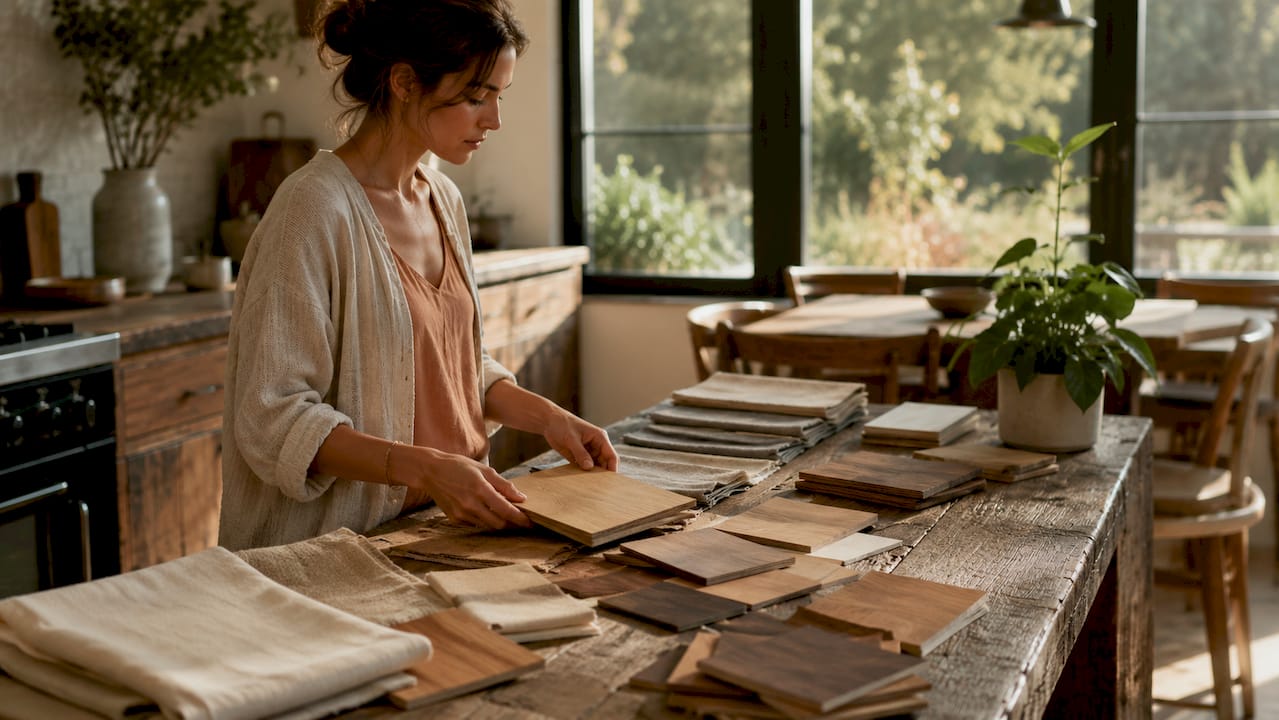 Hands selecting sustainable wood and fabrics