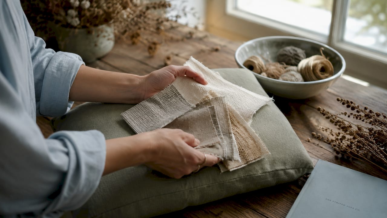 Hands comparing natural upholstery fabric swatches