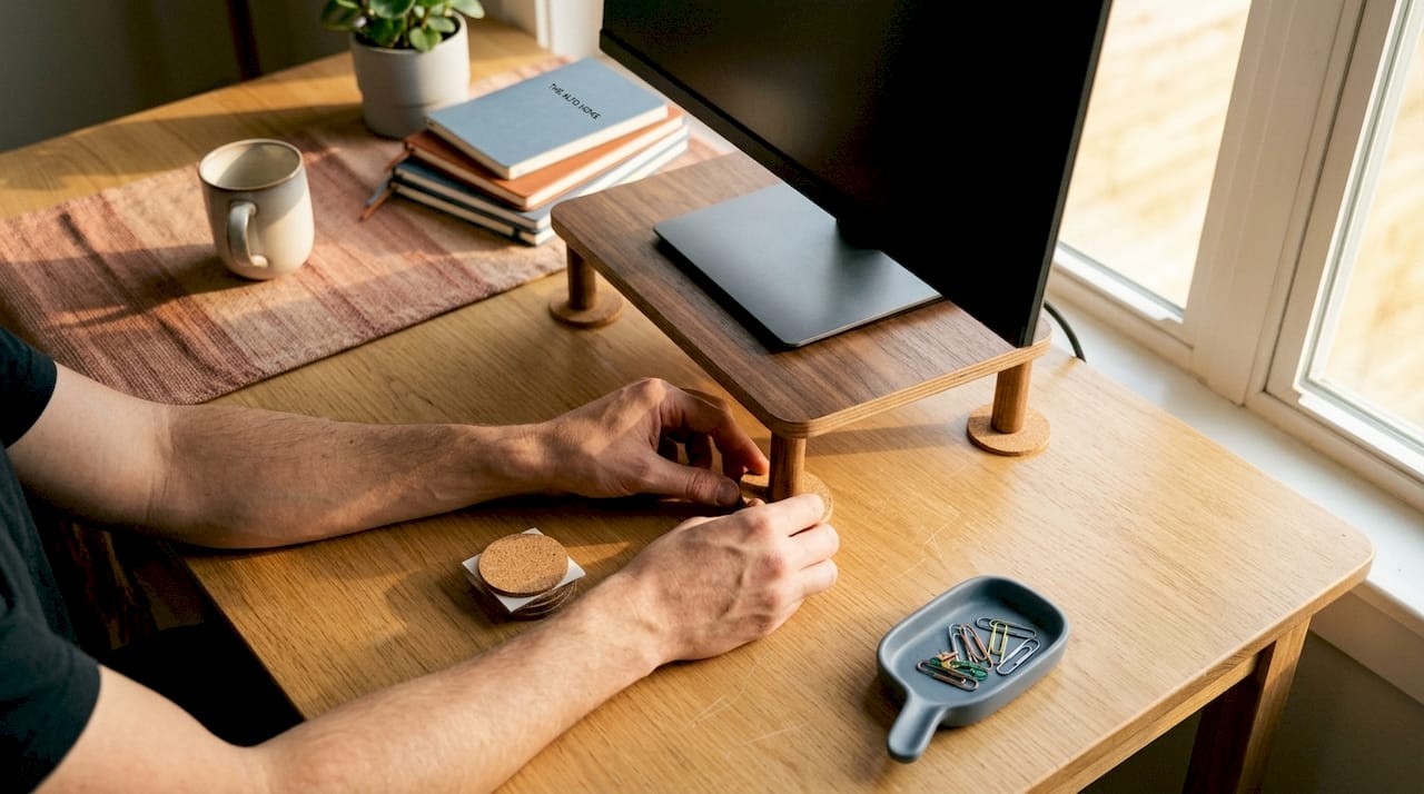 Hands placing felt pads on wood desk stand