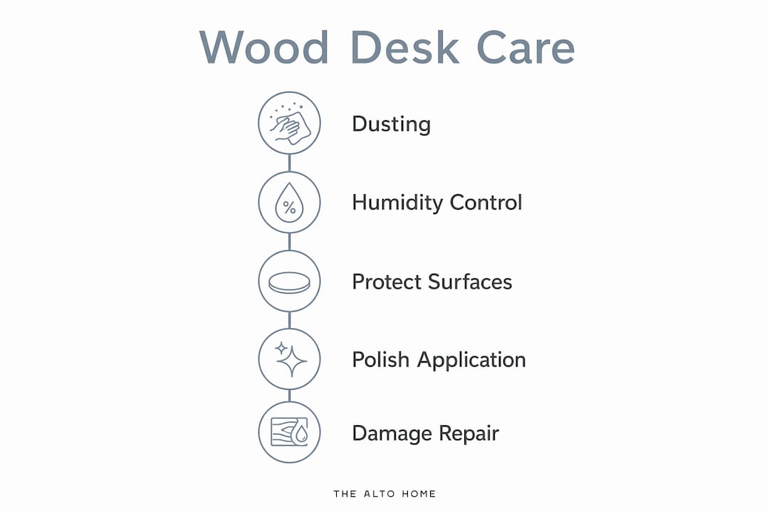 Infographic with wood desk care steps