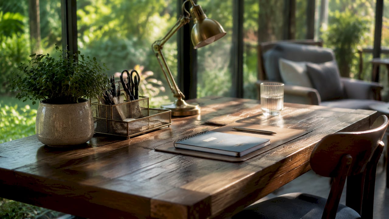 Close-up of styled desk accessories and wood finish
