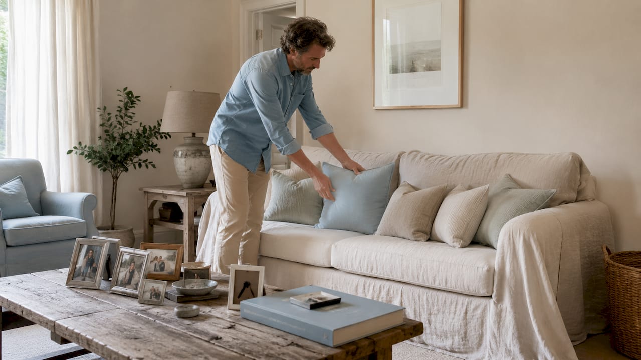 Man styling pillows on slipcovered sofa corner