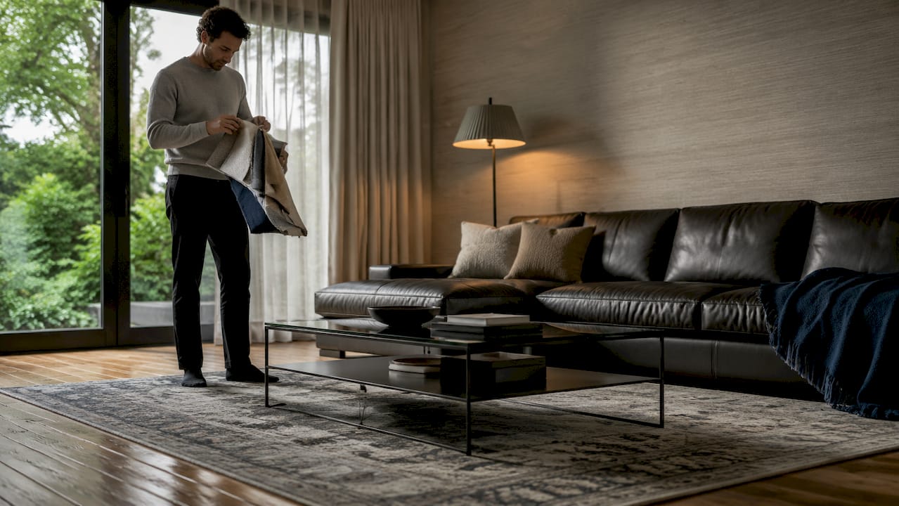 Open-plan room with large area rug zoning space