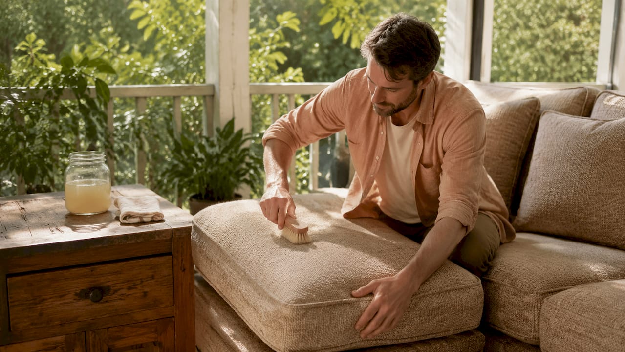 Hands applying natural cleaner on cotton sofa cushion