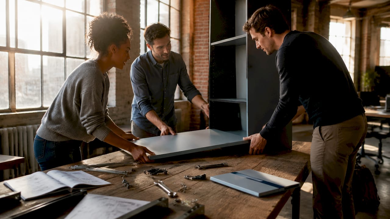 Hands connecting modular office furniture components