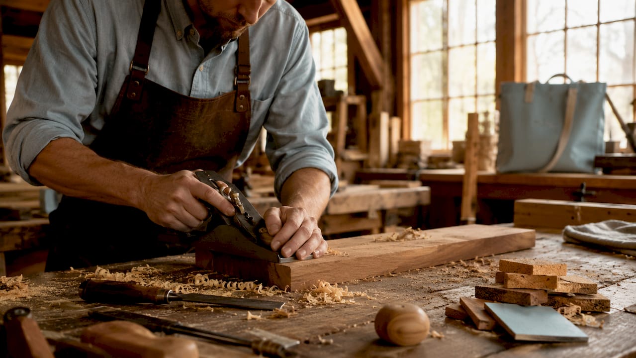 Hands sanding sustainable hardwood in workshop