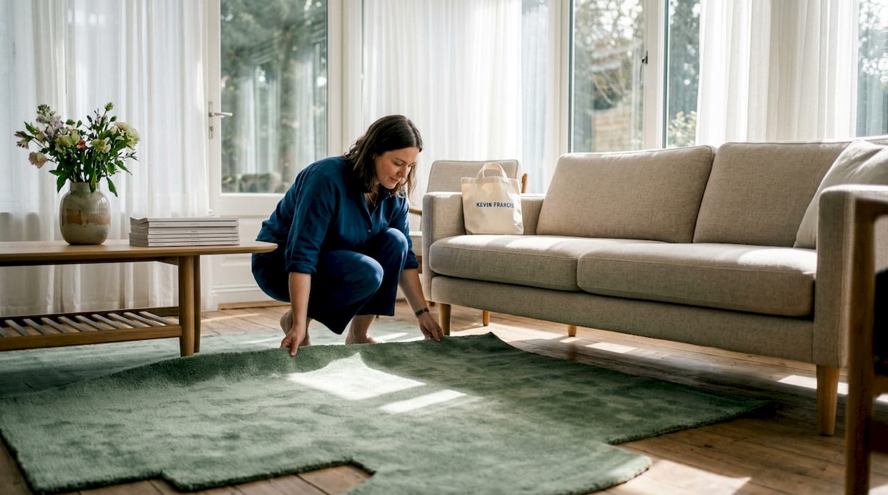 Hands adjusting bespoke rug under sofa legs