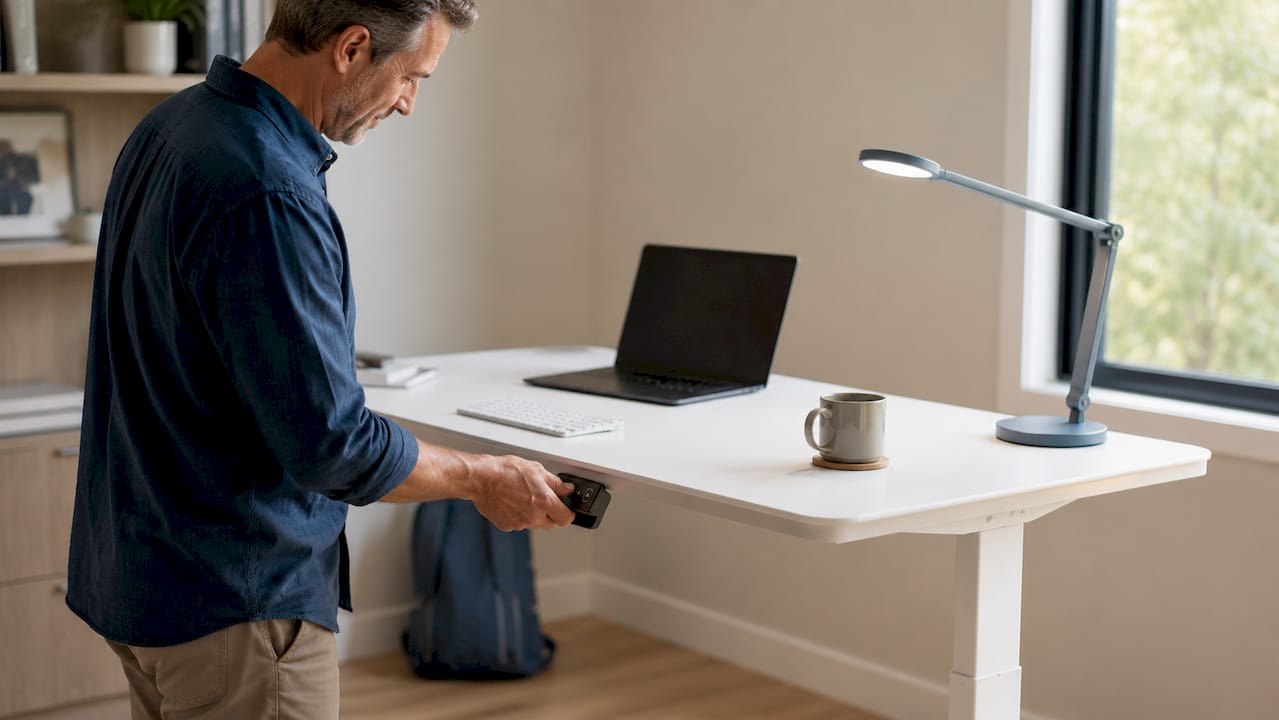 Hands adjusting ergonomic standing desk height