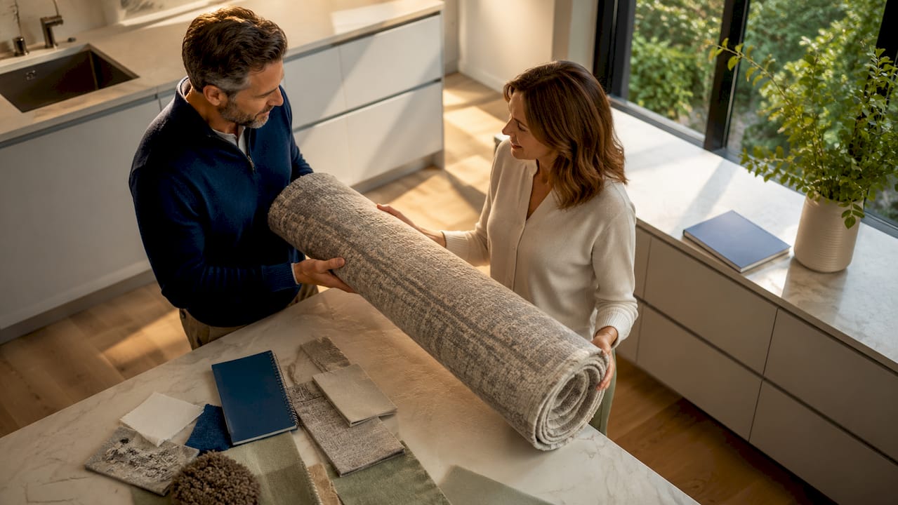 Homeowners discussing rug size and color selection