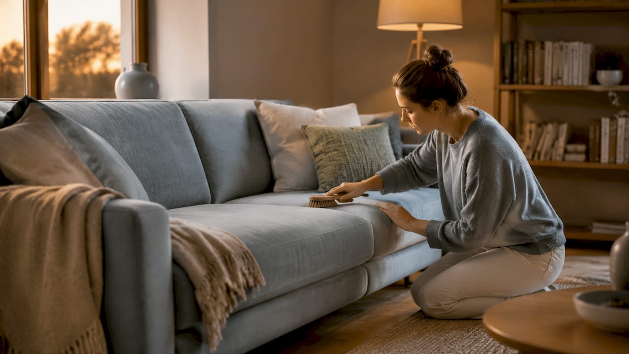Cleaning microfiber sofa fabric close-up