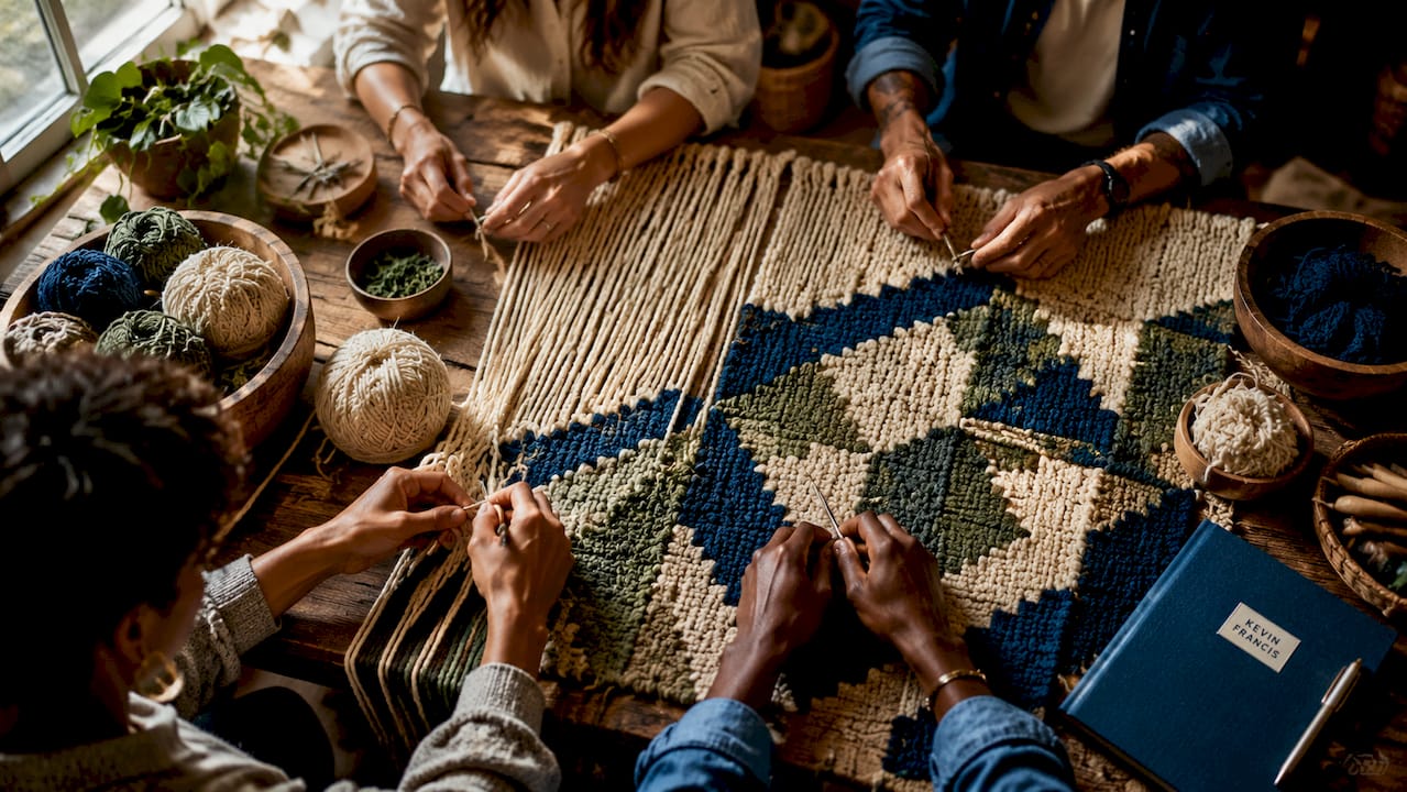 Close-up of artisan hands knotting wool rug fibers