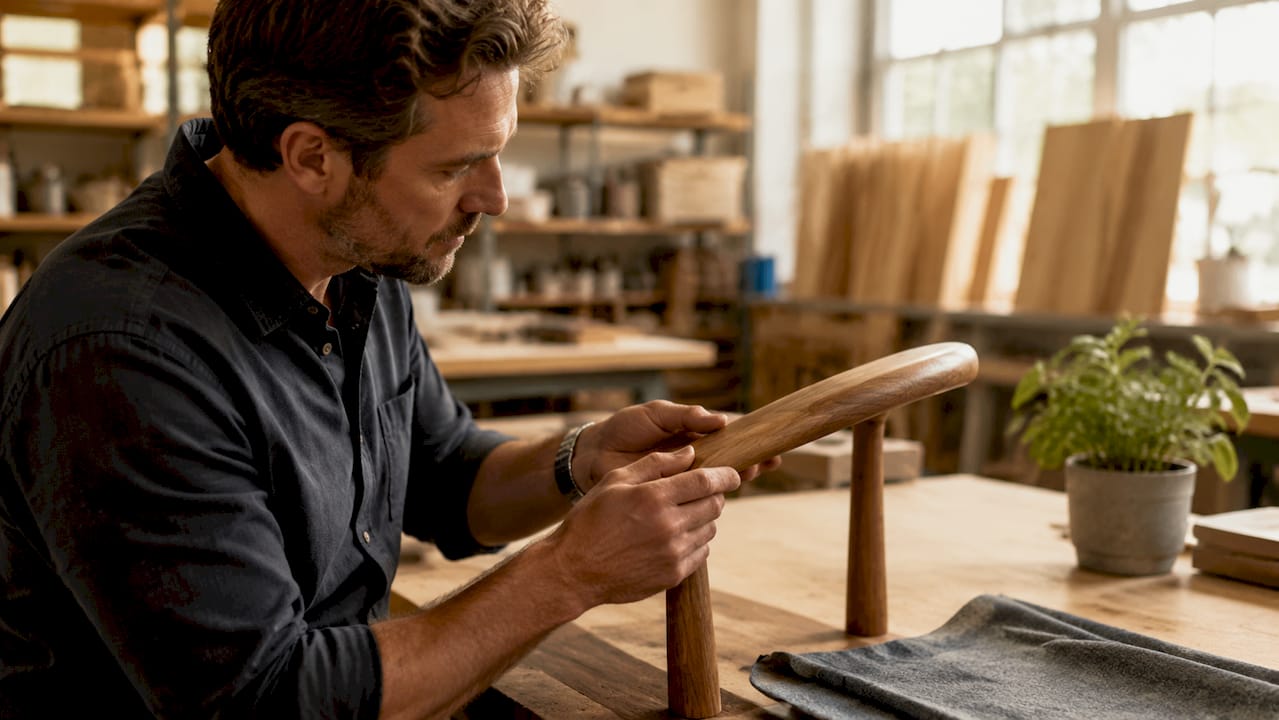 Technician inspecting FSC-certified wood chair armrest
