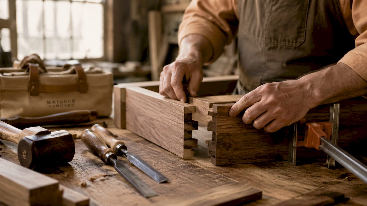 Craftsman assembling traditional wood joints