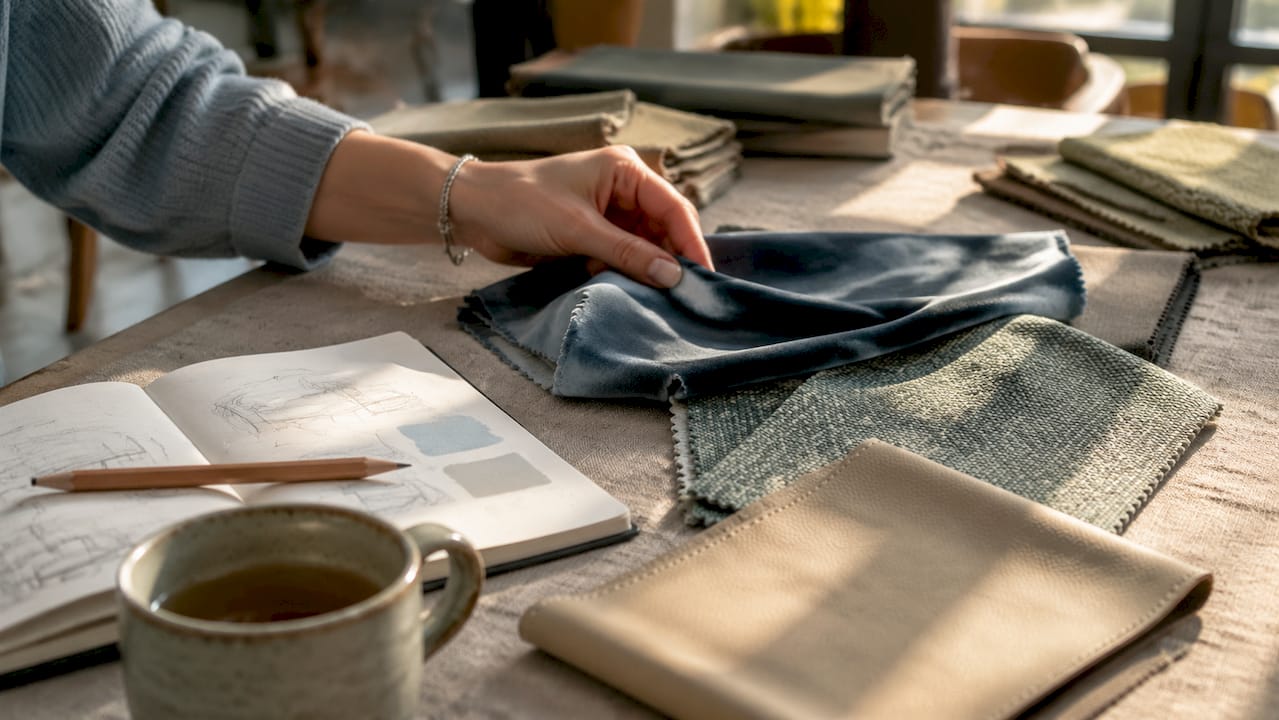 Overhead view of sofa fabric swatches on table