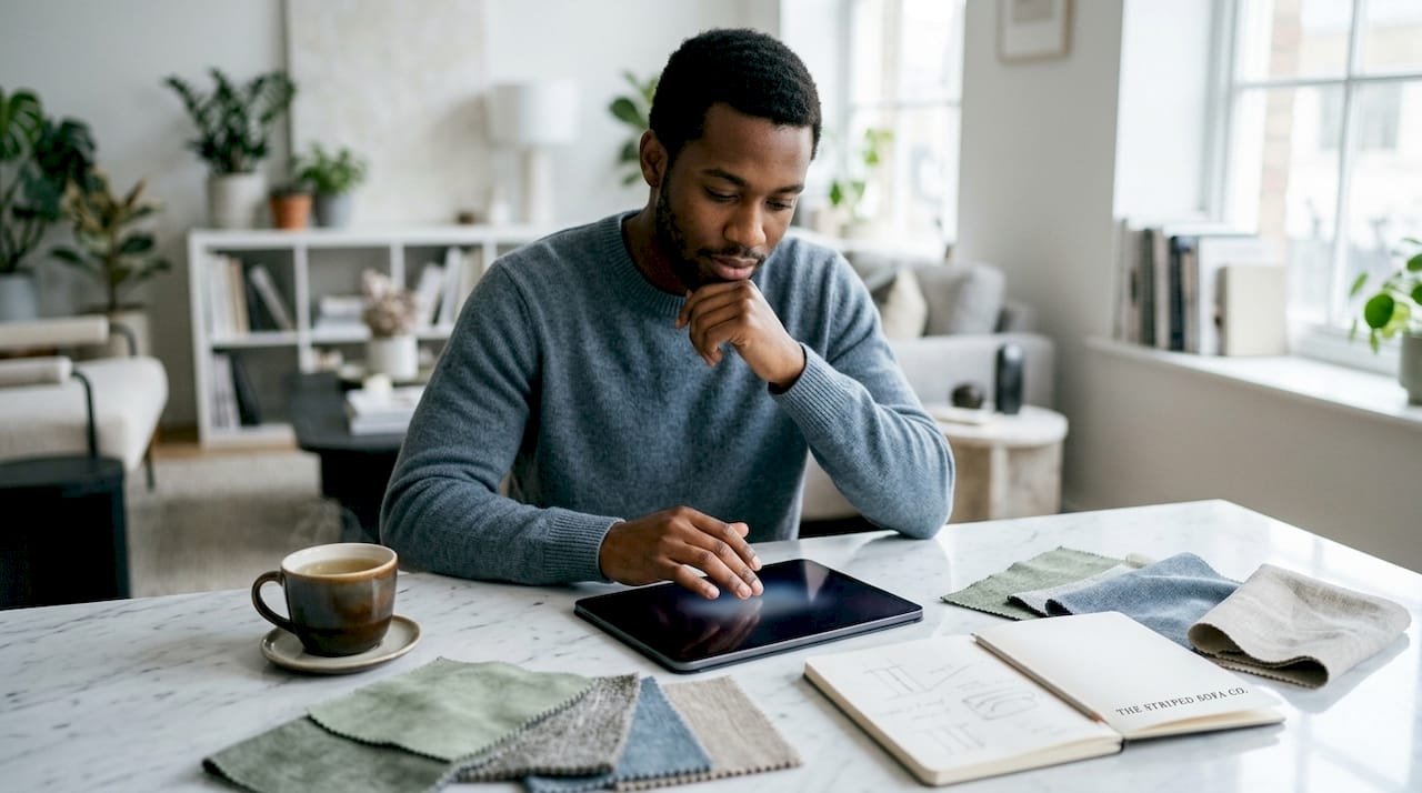 Hands selecting sofa design on tablet