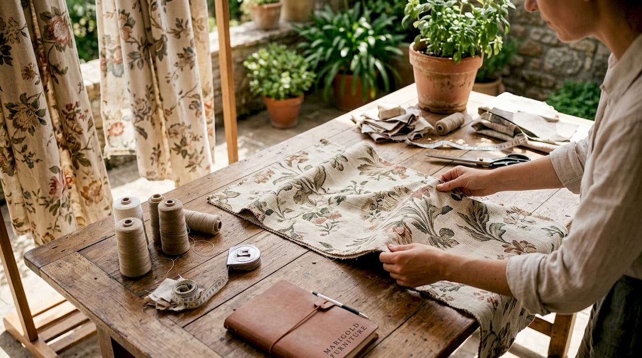 Hands checking weave quality of sofa fabric