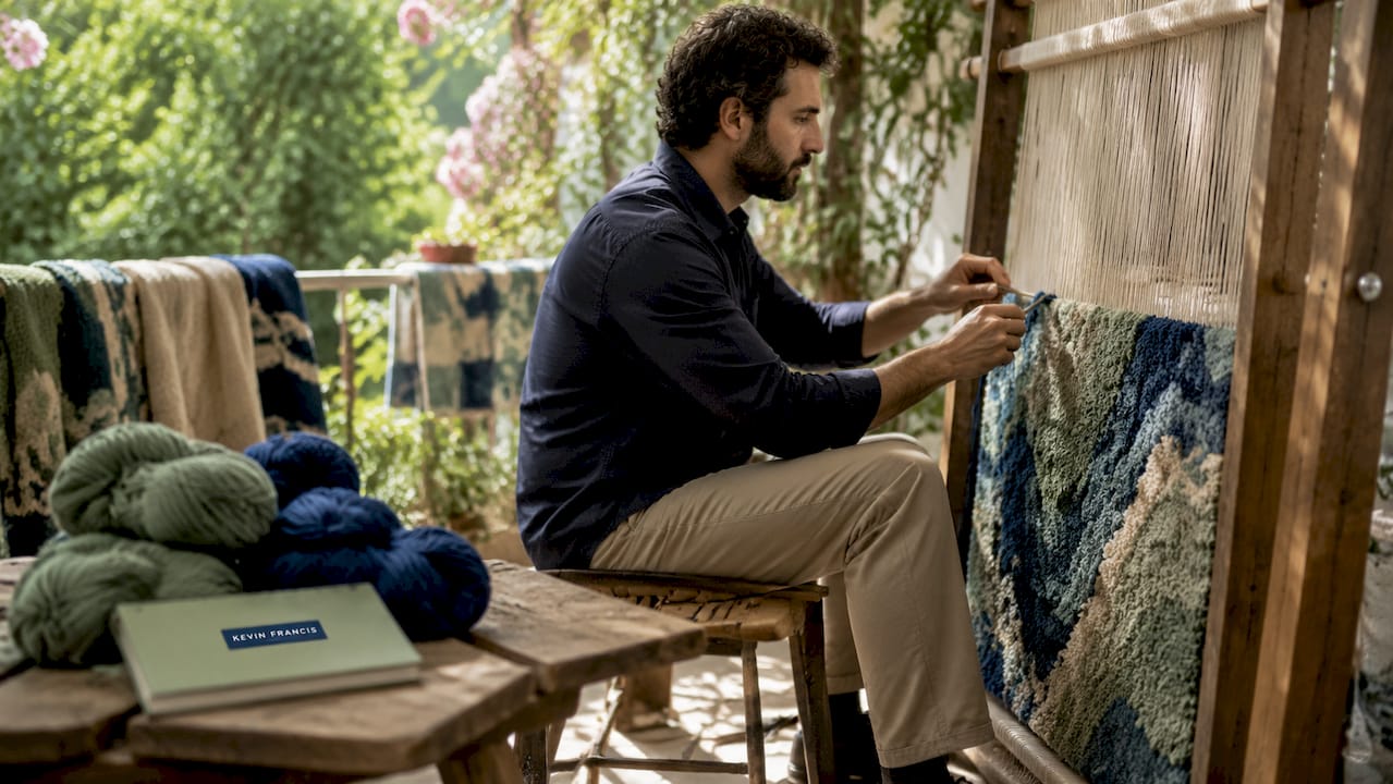 Side profile of artisan knotting a rug on loom