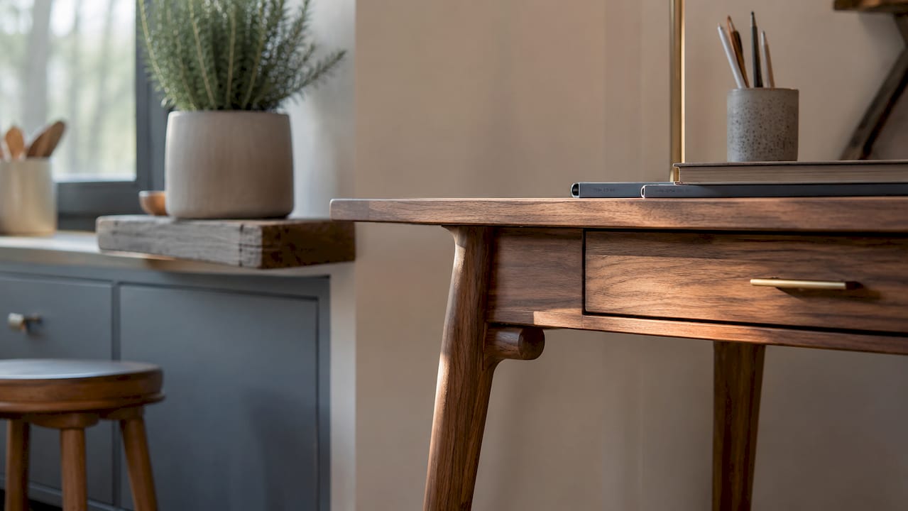 Close-up of tapered legs and hardware on desk