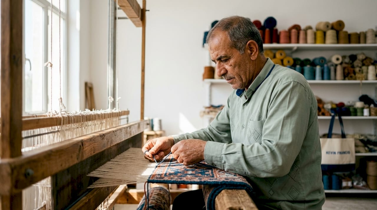 Artisan hand-tying knots on wool rug close-up