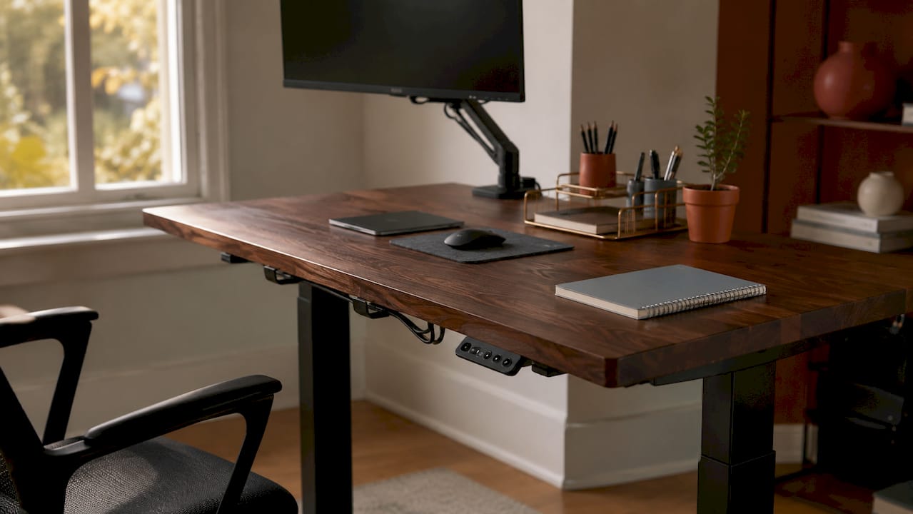 Close-up of standing desk setup with monitor arm and accessories