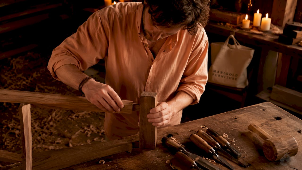 Close-up hands making sofa joinery