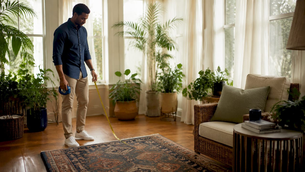 Hands measuring area rug placement in living room