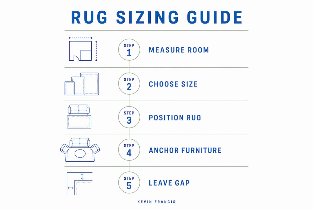 Infographic showing area rug sizing and placement steps