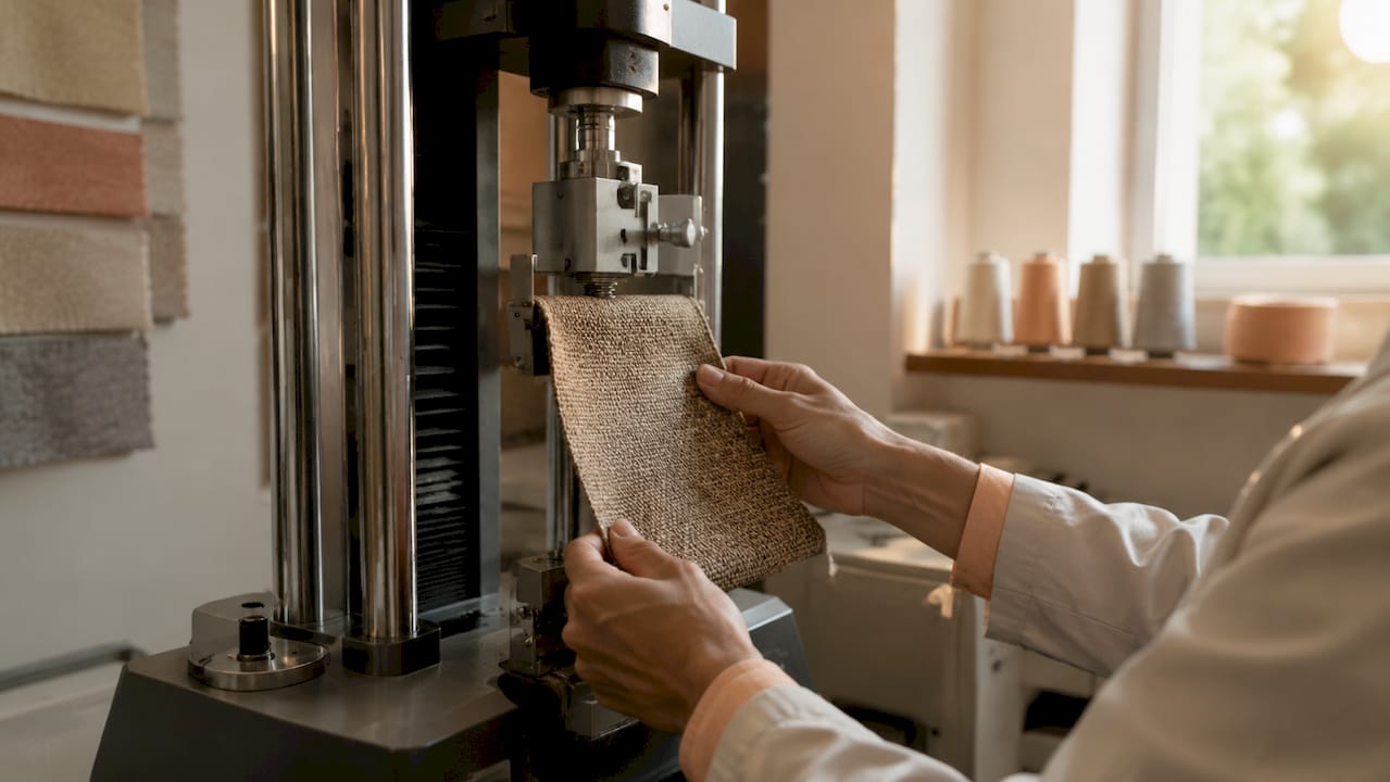 Hands testing upholstery fabric durability in lab