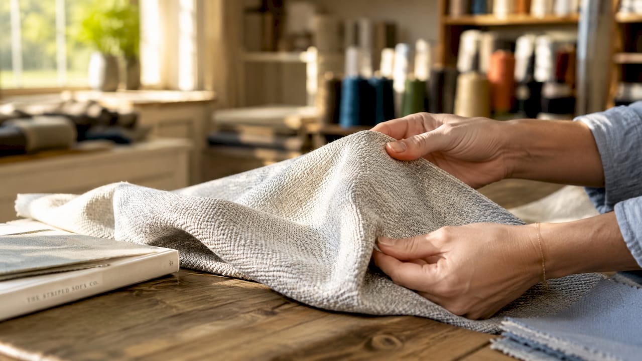 Hands examining textured performance fabric sample