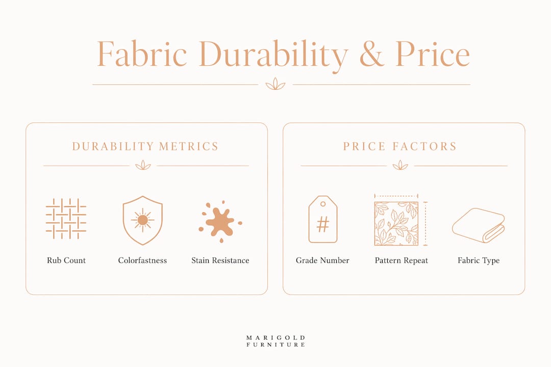 Infographic comparing upholstery fabric durability and price factors