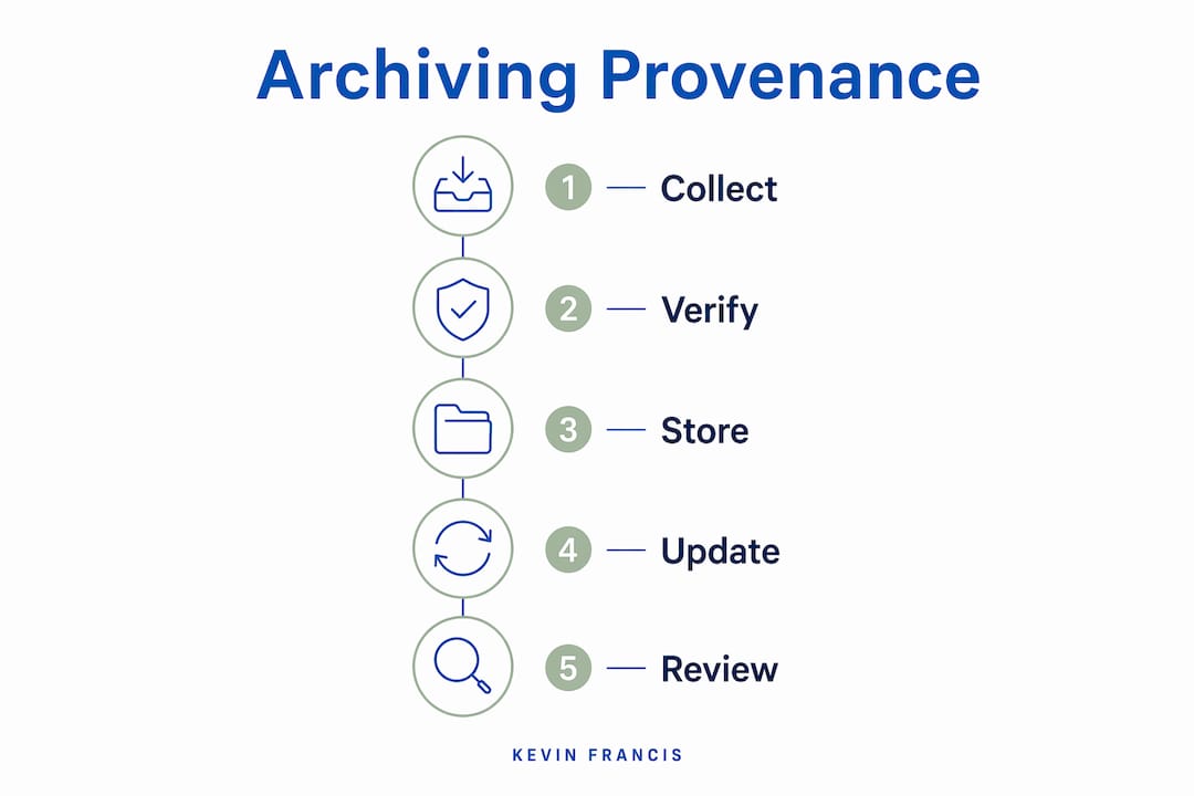 Infographic illustrating steps to archive luxury rug provenance