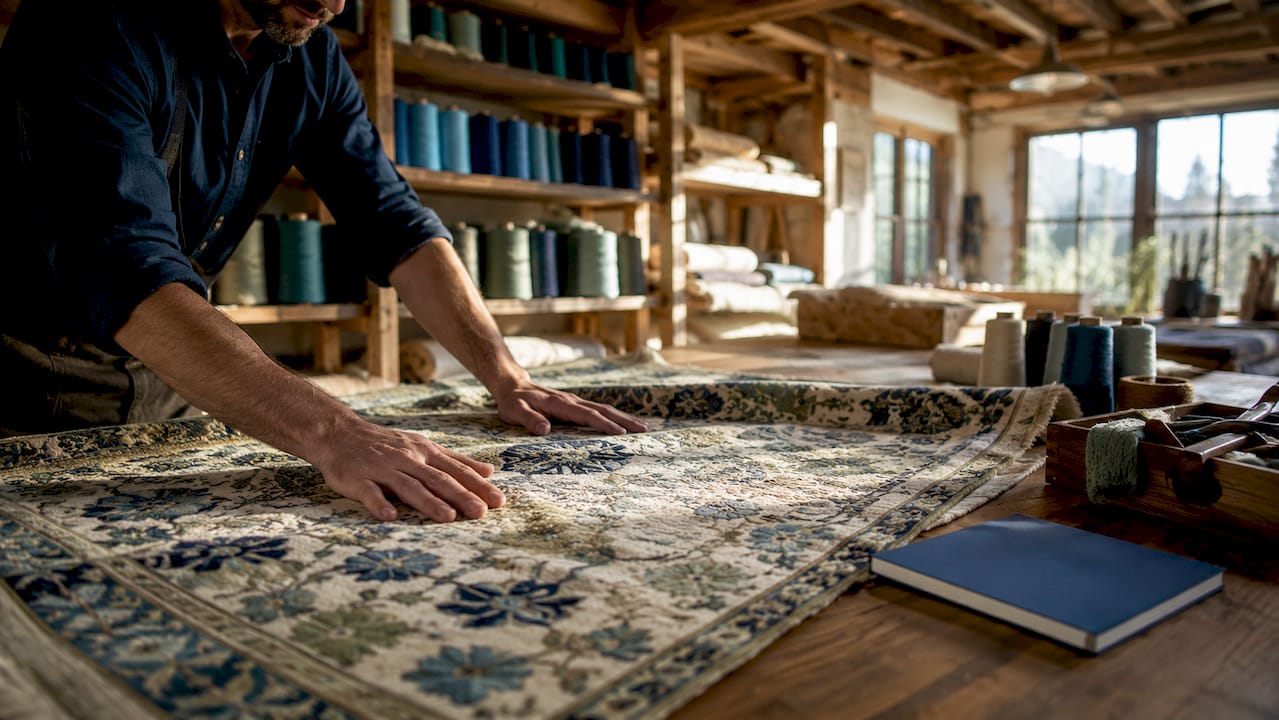 Craftsman inspecting wool and silk rug fibers