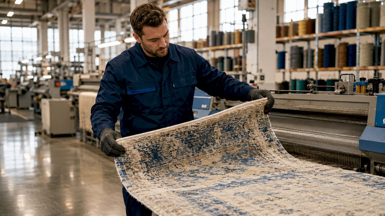 Factory worker inspecting machine-made rug on loom