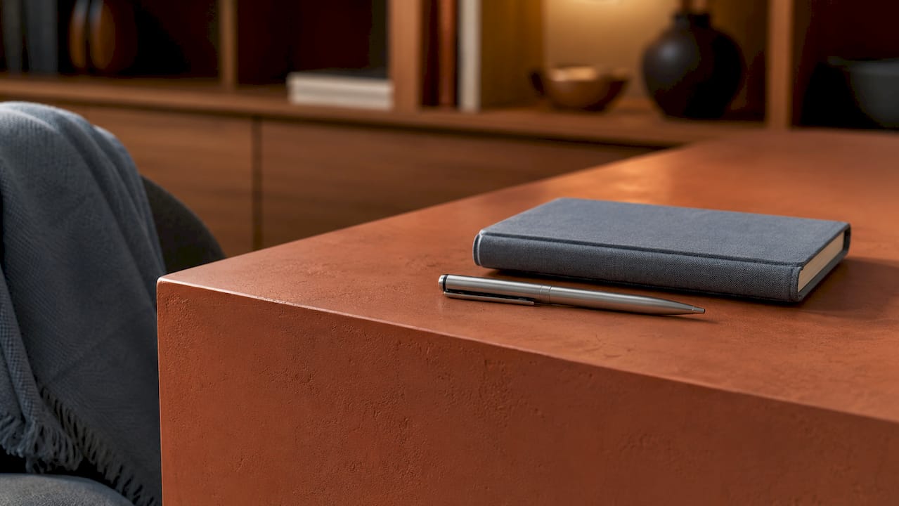 Close-up of matte finish minimalist desk corner