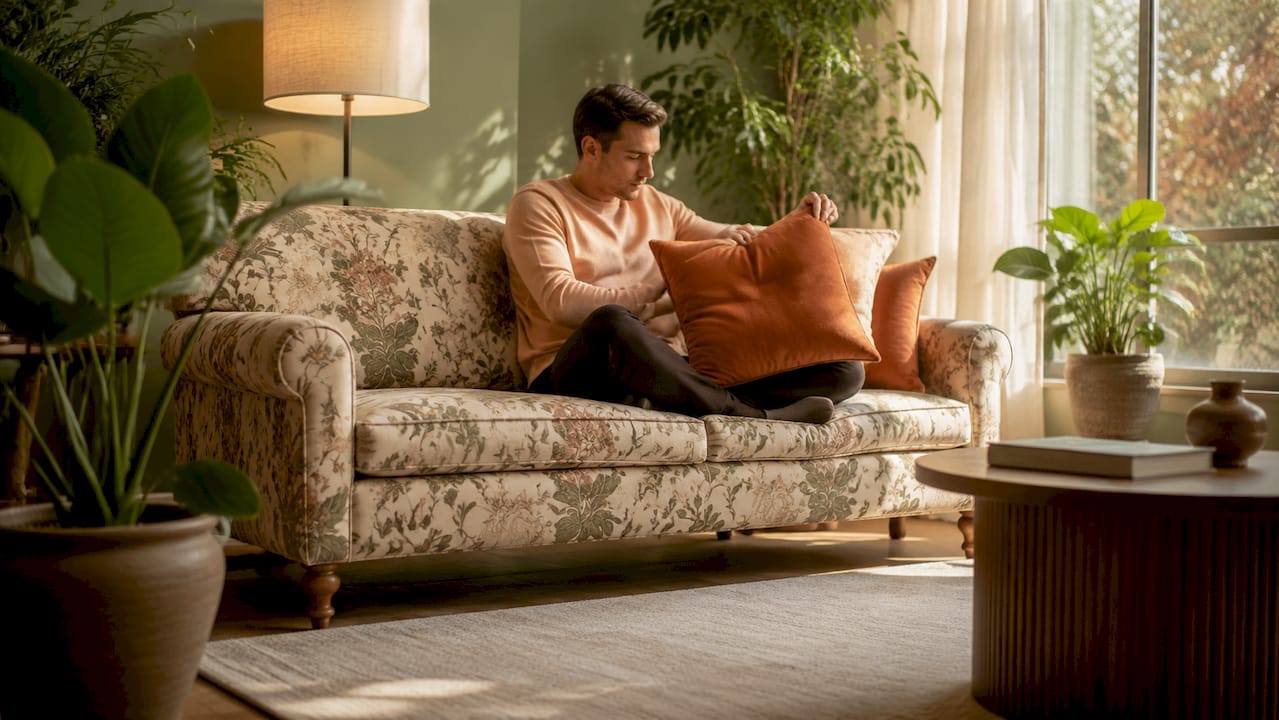 Styled floral sofa with terracotta pillow in cozy living room