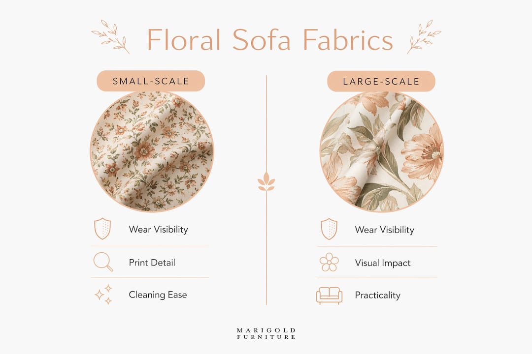 Infographic comparing small vs large floral sofa fabrics