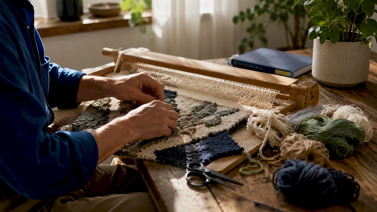 Hands crafting hand-knotted wool rug